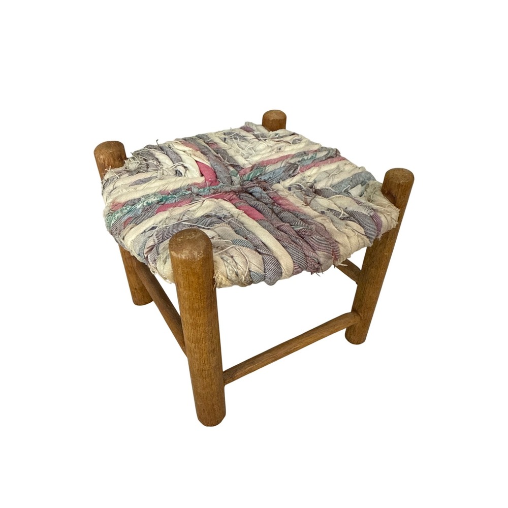 Mini Wooden Stool 5"‎ Cottagecore Footstool Rag Woven Seat Rustic Decor